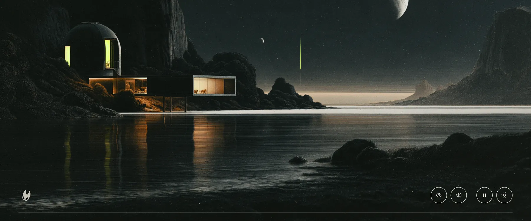 Pied de page de mad-makers.fr : une maison d’architecte au bord de l’eau, de nuit, sous la lune